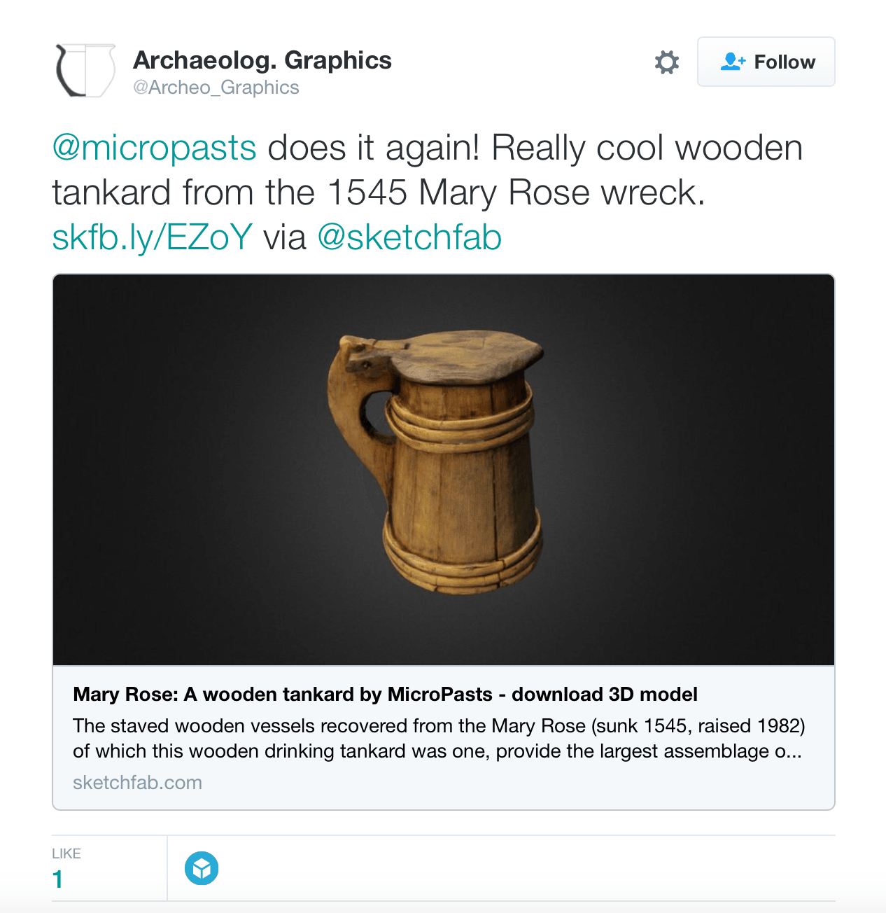 Screen shot of a tweet by Archaeology Graphics mentioning a tankard