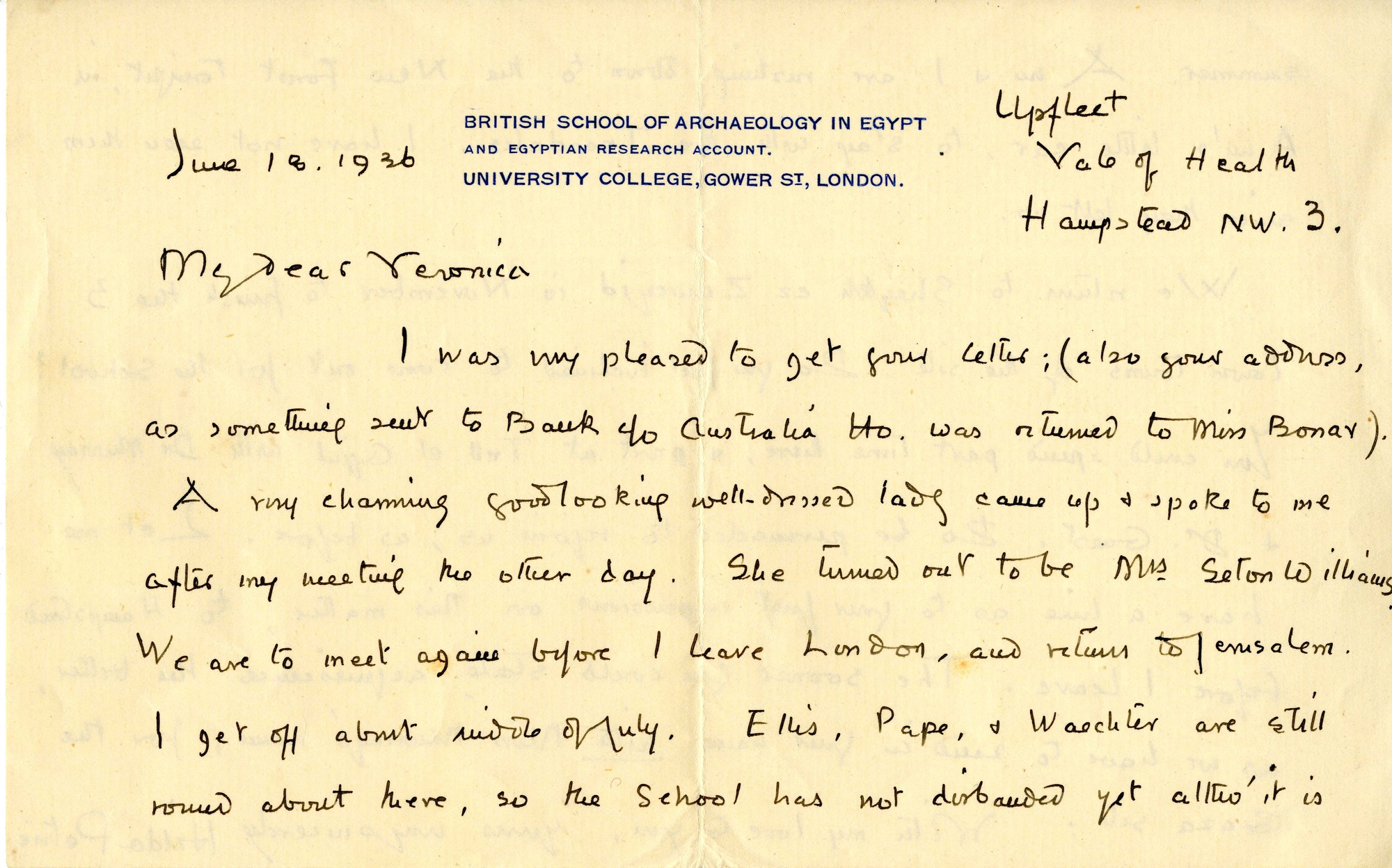 A letter from Hilda Petrie to Veronica Seton-Willliams (1936), archived at UCL; courtesy of UCL Institute of Archaeology Collections