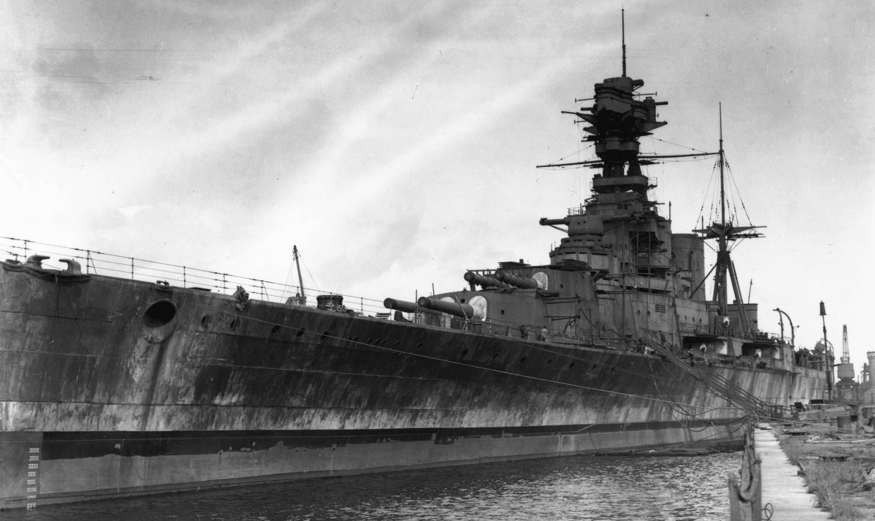 The battleship HMS Hood in 1930 during a dockyard refit. Photograph: Hulton Getty.