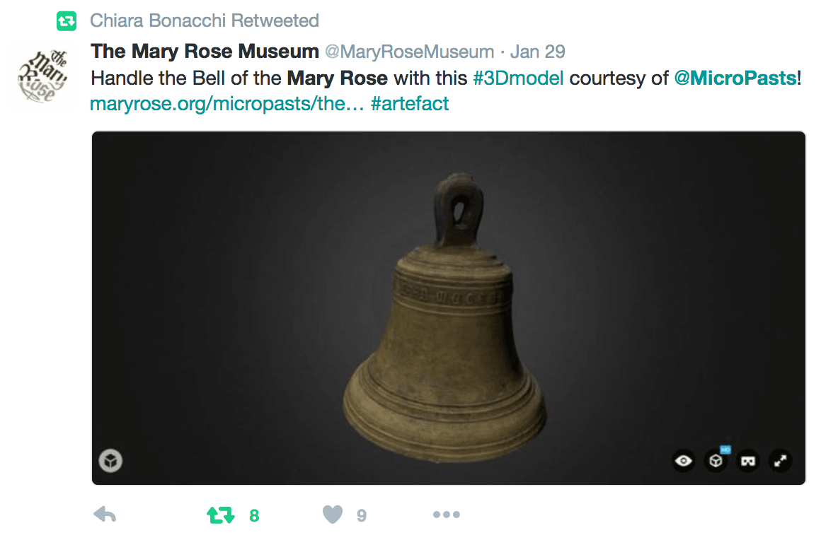 Screen shot of a tweet by the Mary Rose Trust, with a view of the bell