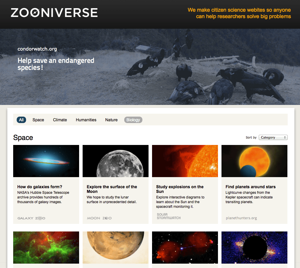 The landing page of the Zooniverse website featuring Citizen Science projects on ‘Space’.
