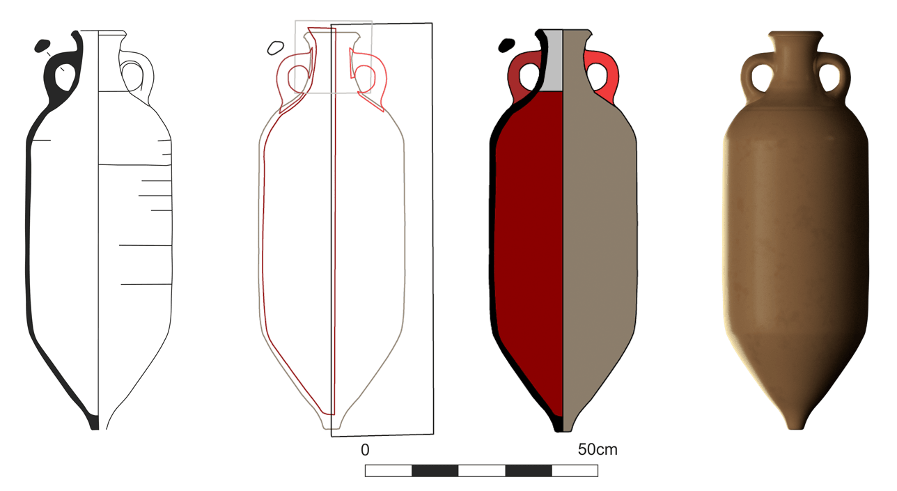 Figure 2. Four steps for building a crowd-sourced amphora model (left to right): the original line drawing, the crowd-sourced polygons with deliberate overlaps, the cleaned-up 2d polygons, and the final 3d model.