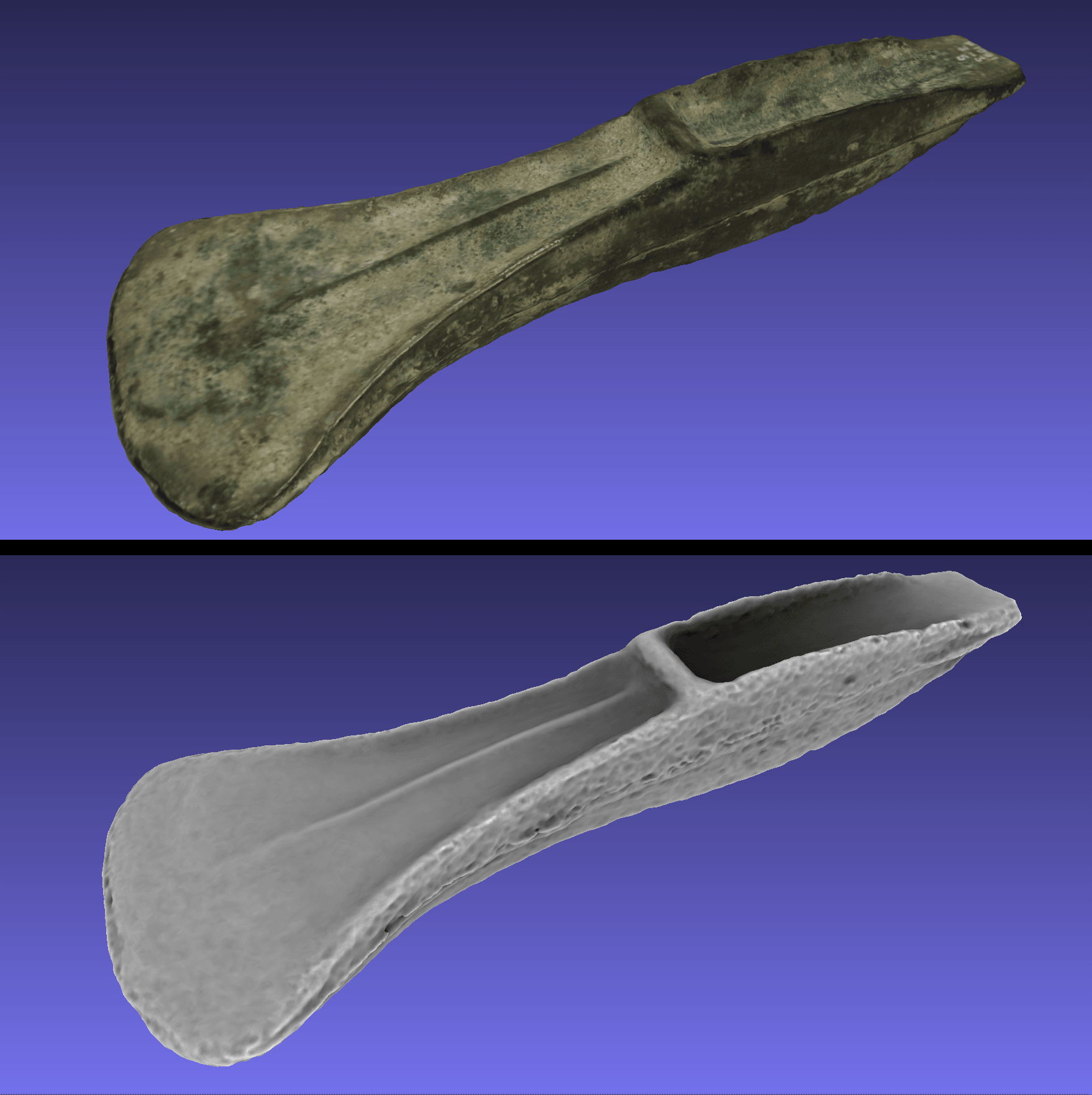A 3D model of a Bronze Age palstave, shown both with a photographic texture and with an ‘ambient occlusion’ surface