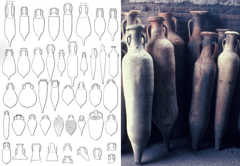 Figure 1. Mediterranean amphoras: (left) one of the famous early typologies of amphoras by Heinrich Dressel and (right) some examples of amphoras from Pompeii.